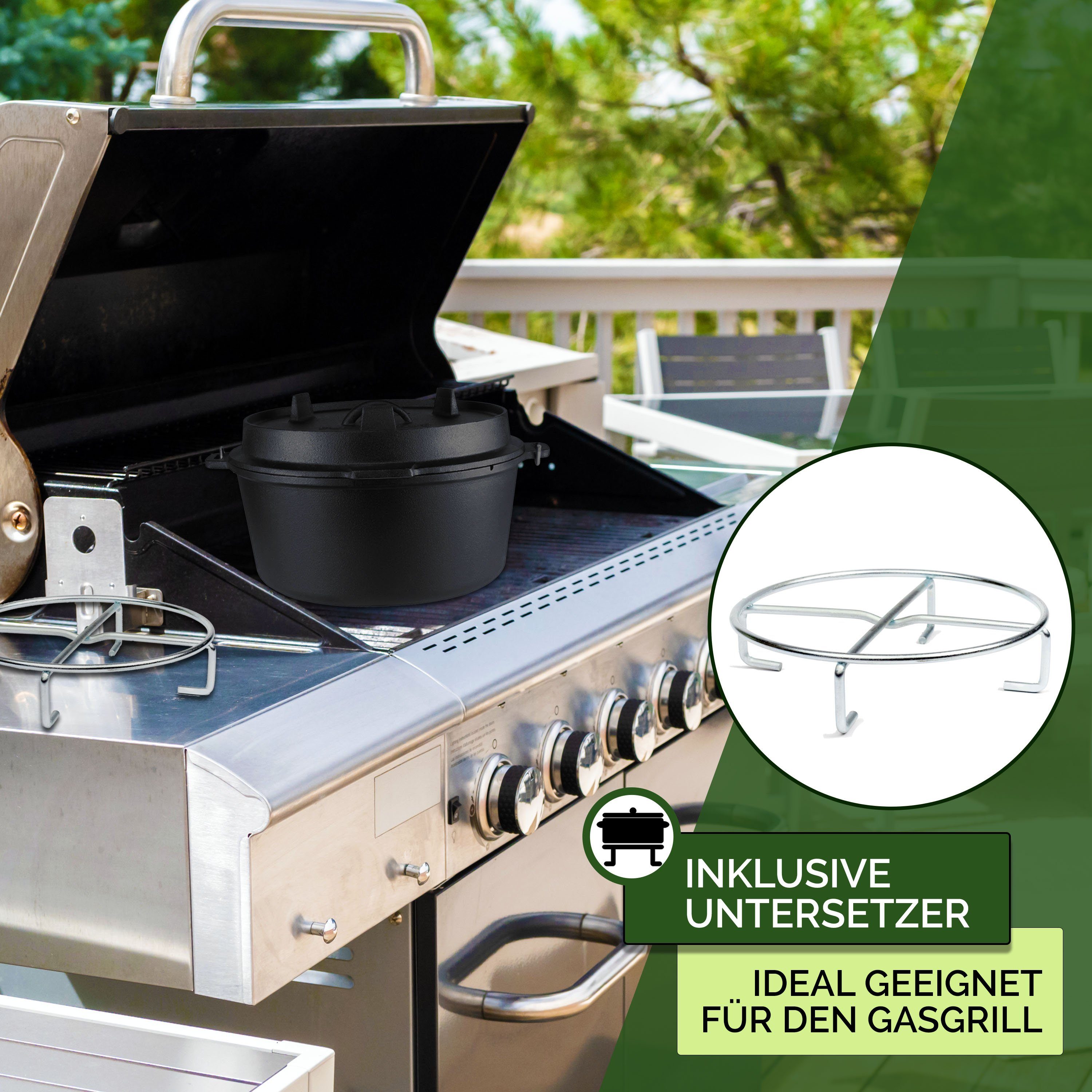 Funkenflug Feuertopf Eingebranntes Dutch Oven Set - für gesellige Grill Abenteuer, Gusseisen (Dutch Oven Set, Braeter, 5-tlg., - BBQ Feuertopf aus massivem dickwandigen Gusseisen), inkl Edelstahluntersetzer & Dutch-Oven Zubehör Set