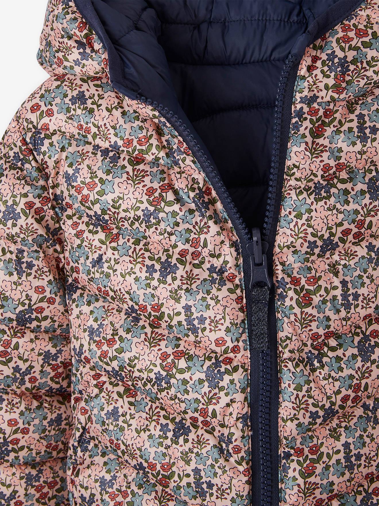 Doudoune à capuche légère réversible fille anthracite imprimé
