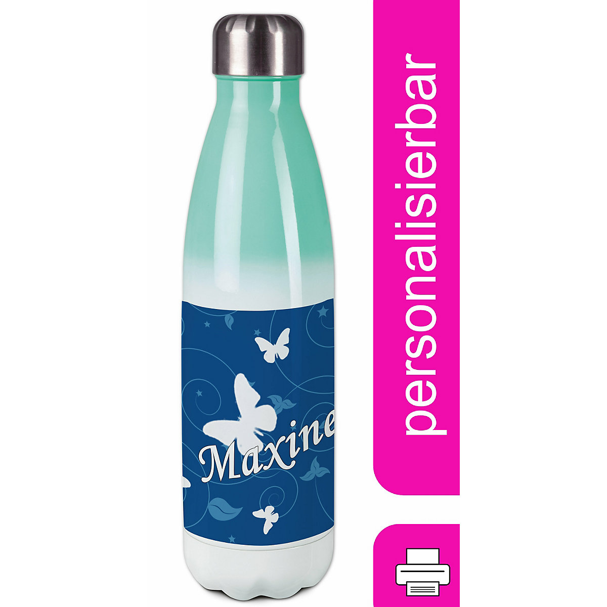 Edelstahl Kinder Thermoflasche / Trinkflasche bunt Schmetterling Ornamente Farbe blau Spülmaschinenfest, Auslaufsicher, Bruchfest, Doppelwandig, Für Heißgetränke geeignet, Mit Deckel, Isoliert