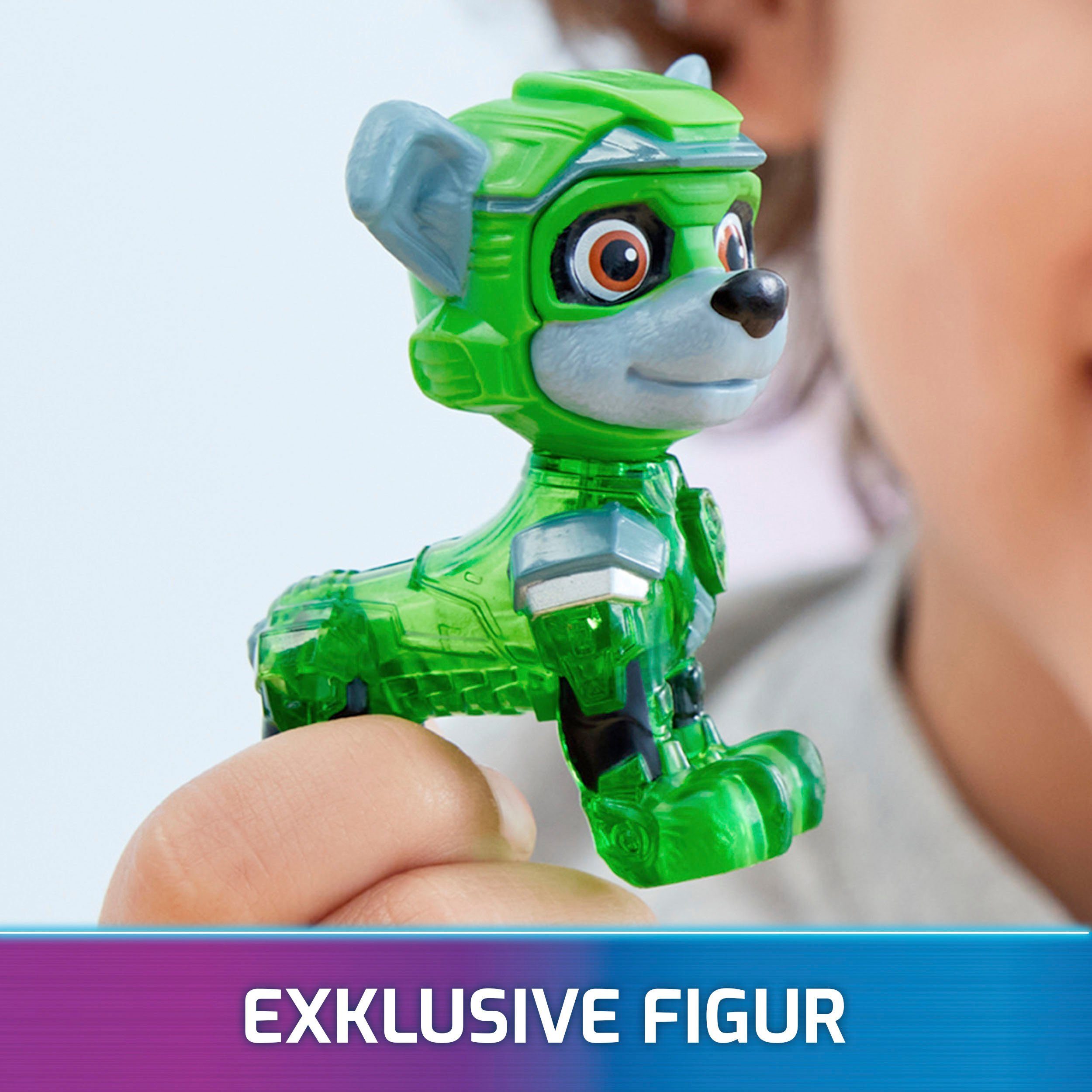 Spin Master Spielzeug-Auto PAW Patrol, Der Mighty Kinofilm: Superhelden-Basis-Fahrzeug von Rocky, Mülltransporter mit Welpenfigur, Licht- und Soundeffekt