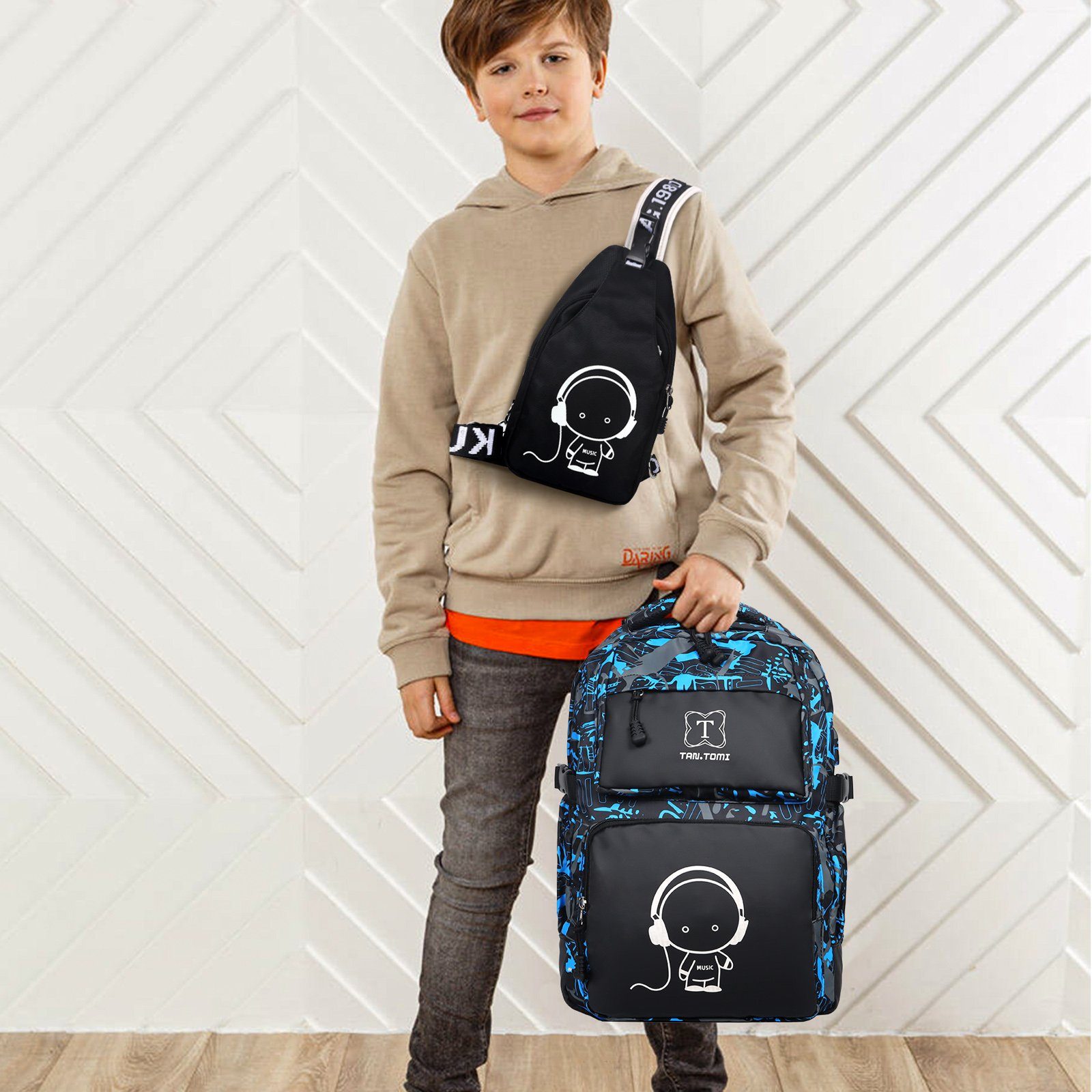 TAN.TOMI Schulrucksack Rucksack Jungen Schulrucksack Mädchen Teenager Jugendliche Daypacks, Kinder Reflektierender Schultasche Outdoor Camping Groß Schulranzen