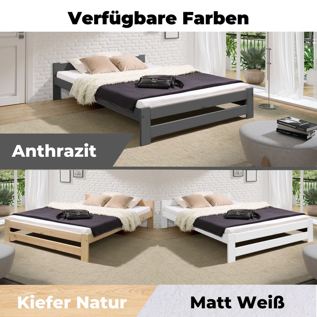 Coemo Bett Classico Holzbett Bettgestell mit Lattenrost Massivholz Kiefer 160 x 200 cm anthrazit