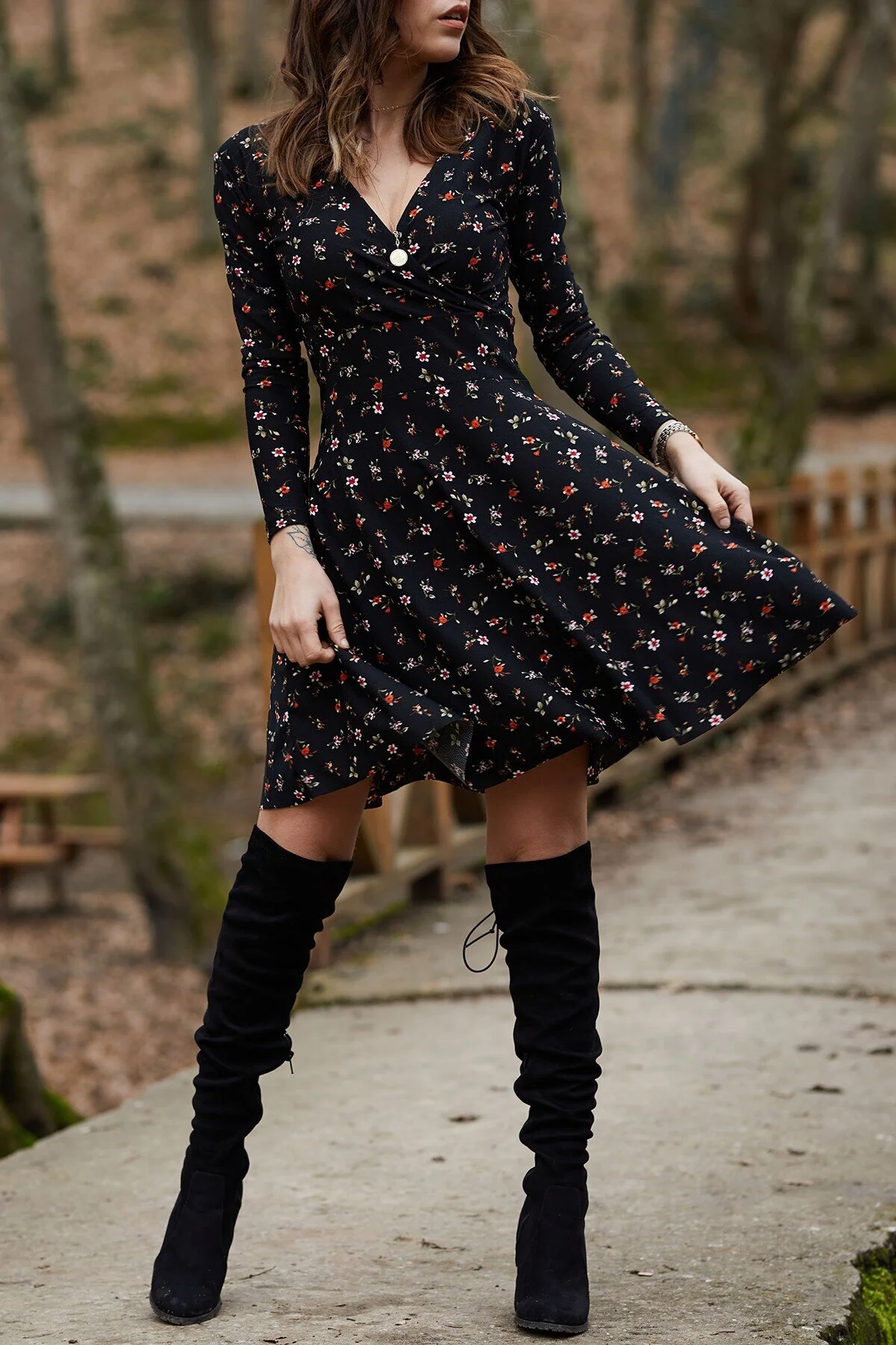 XHAN  Zweireihiges Kleid mit Blumenmuster 9YXK6-41729-02