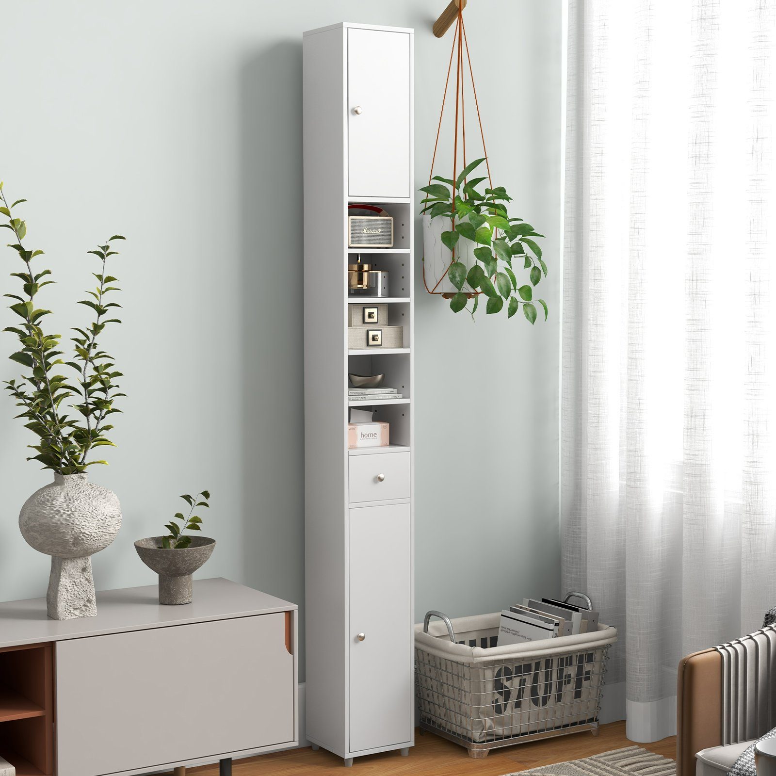 COSTWAY Hochschrank Bad, Schmal, mit Schublade, 2 Türen & Fächern, 180cm weiß