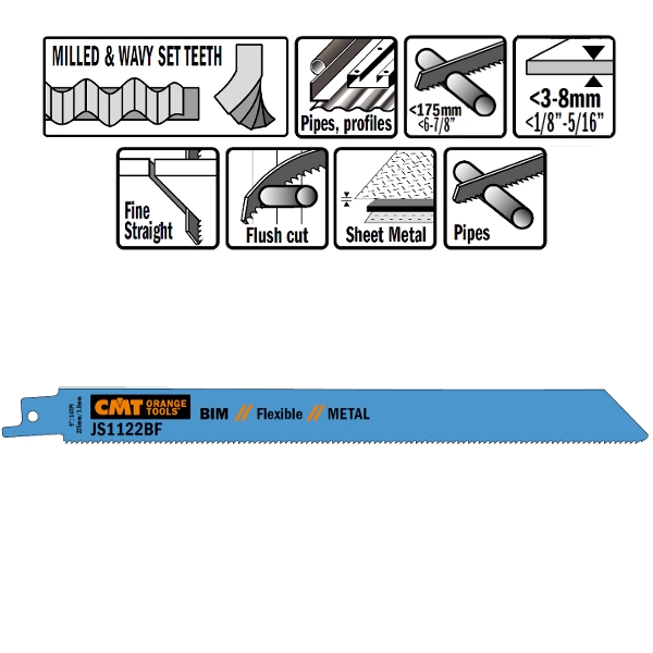 Lame de ferăstrău sabie CMT JS1122BF-20 JS1122BF 20 bucăți Bi-metal 225 mm x 0,9 x 14TPI Aplicație: Tablă (3-8 mm), tuburi și profile solide.