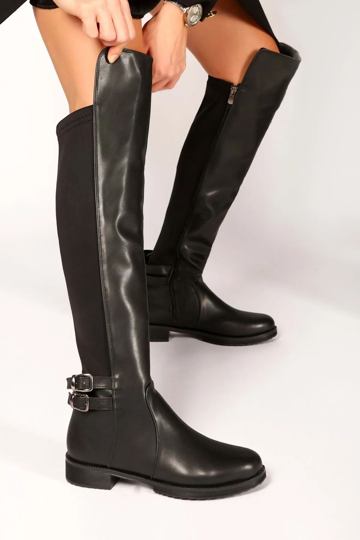 Shoeberry  Eliana Black Skin Elastic-Stiefel für Damen Black Skin