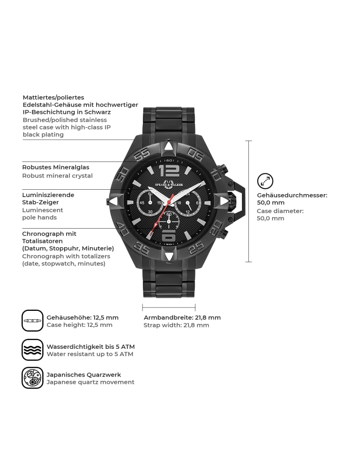 Spears & Walker Herren Quarzuhr schwarz Edelstahl schwarz in schwarz günstig kaufen 23 cm