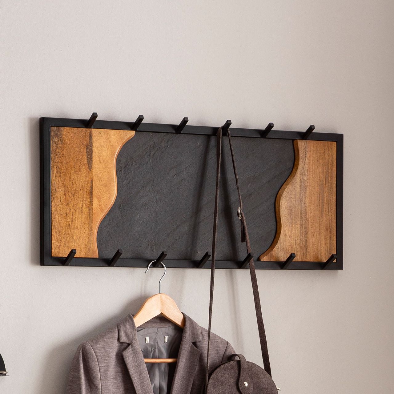 Wohnling Wandgarderobe Hakenleiste Steinoptik 80 cm Garderobe Flur Holz Modern