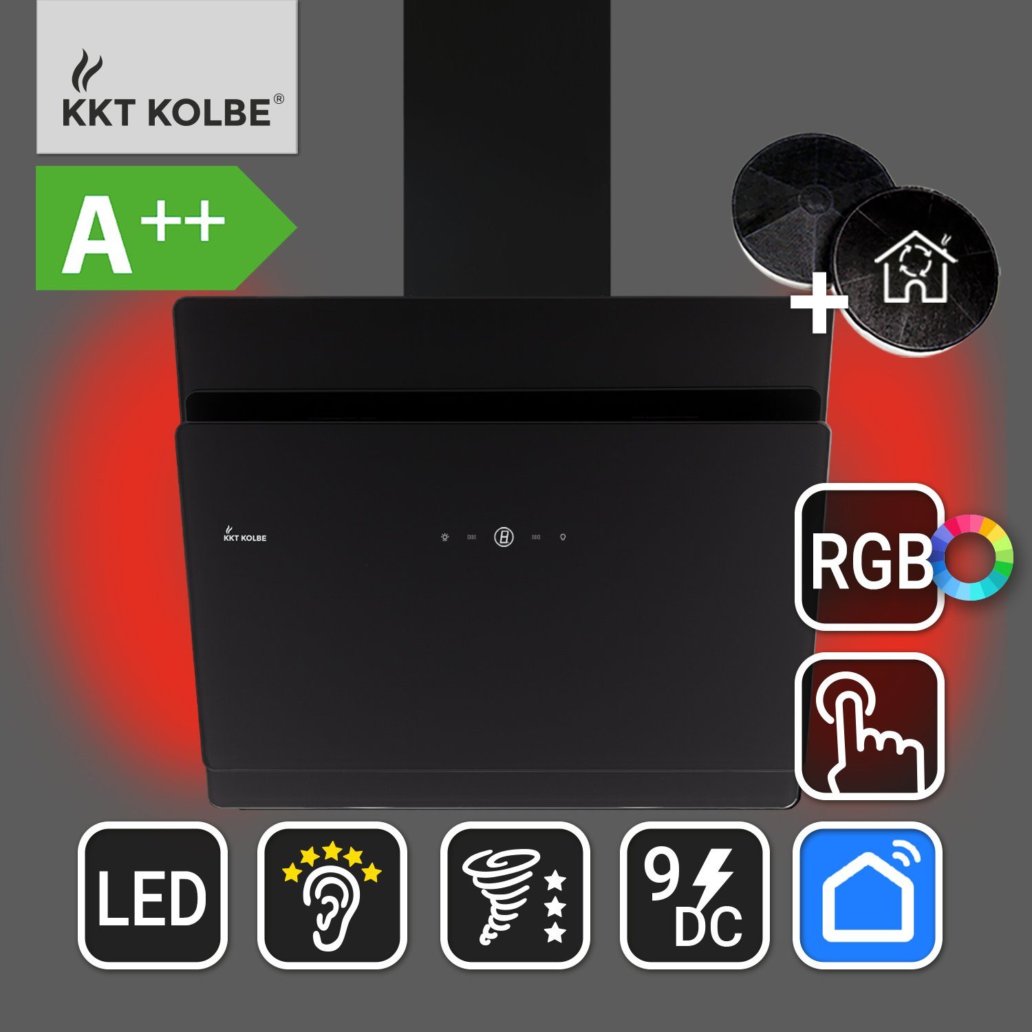 KKT KOLBE Wandhaube Dunstabzugshaube 60cm SOLO609SHCM RGBW Ambientebeleuchtung, Kopffreihaube / 60cm / Smarte WiFi-App / Schwarz / Glas / Leise