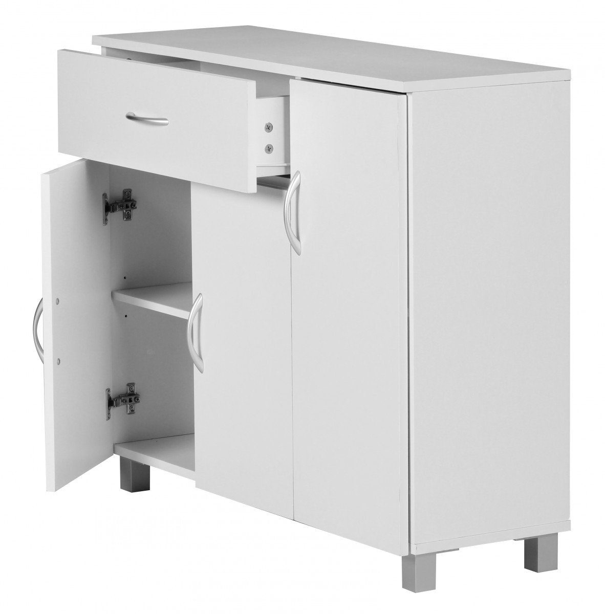FINEBUY Sideboard SuVa1591_1 (SETE Weiß mit 1 Schublade & 3 Türen 90x75x30 cm), Design Kommode Anrichte Flur-Schrank mit Griffen