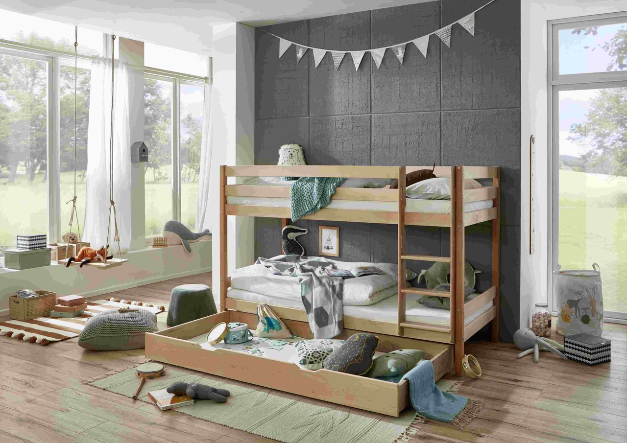 Relita Etagenbett Lupo mit 2 Liegeflächen 90 x 200 cm und Bettschublade, inkl. 2 Rolllattenroste und 2 Matratzen Allergena Med., Ausf. Buche massiv geölt