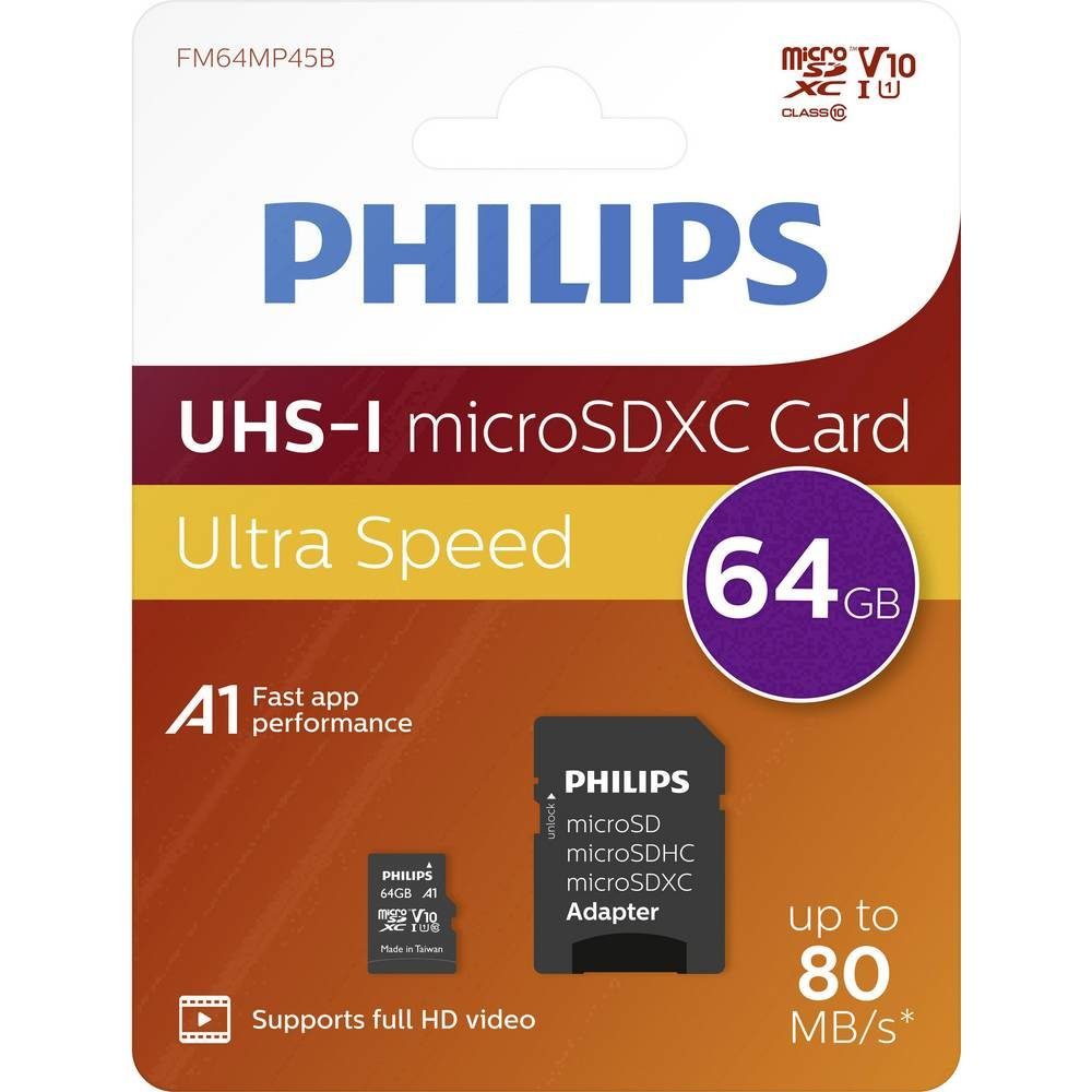 Philips microSDXC-Karte 64GB Class 10 Speicherkarte (inkl. SD-Adapter)