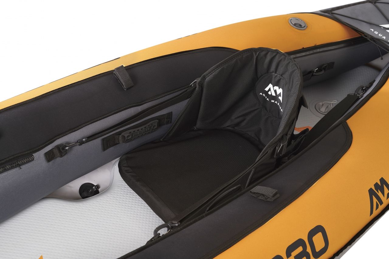 PureHaven Aqua Marina Kajak 330x90 cm für 1 Person mit Luftsitz verstellbarer Lehne Transporttasche Reparaturset und Handpumpe strapazierfähig Orange/Anthrazit