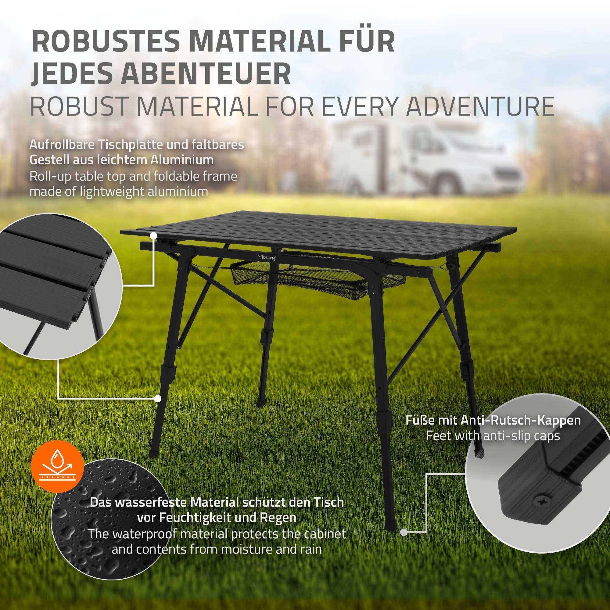 ML-DESIGN Klapptisch Campingtisch Aufrollbare Tischplatte Falttisch Gartentisch Balkontisch, Schwarz 90x51,5cm Aluminium höhenverstellbar 46-66,5cm bis 30kg