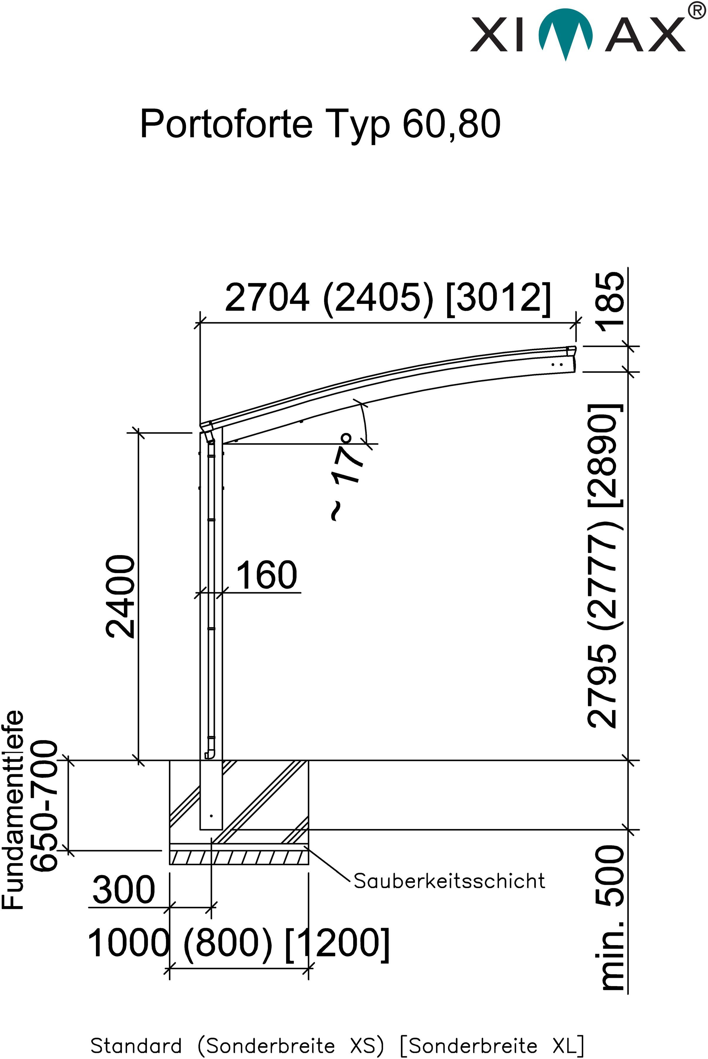 Ximax Einzelcarport Portoforte Typ 60 Sonderbreite XS-mattbraun, BxT: 241x495 cm, 240 cm Einfahrtshöhe, Aluminium