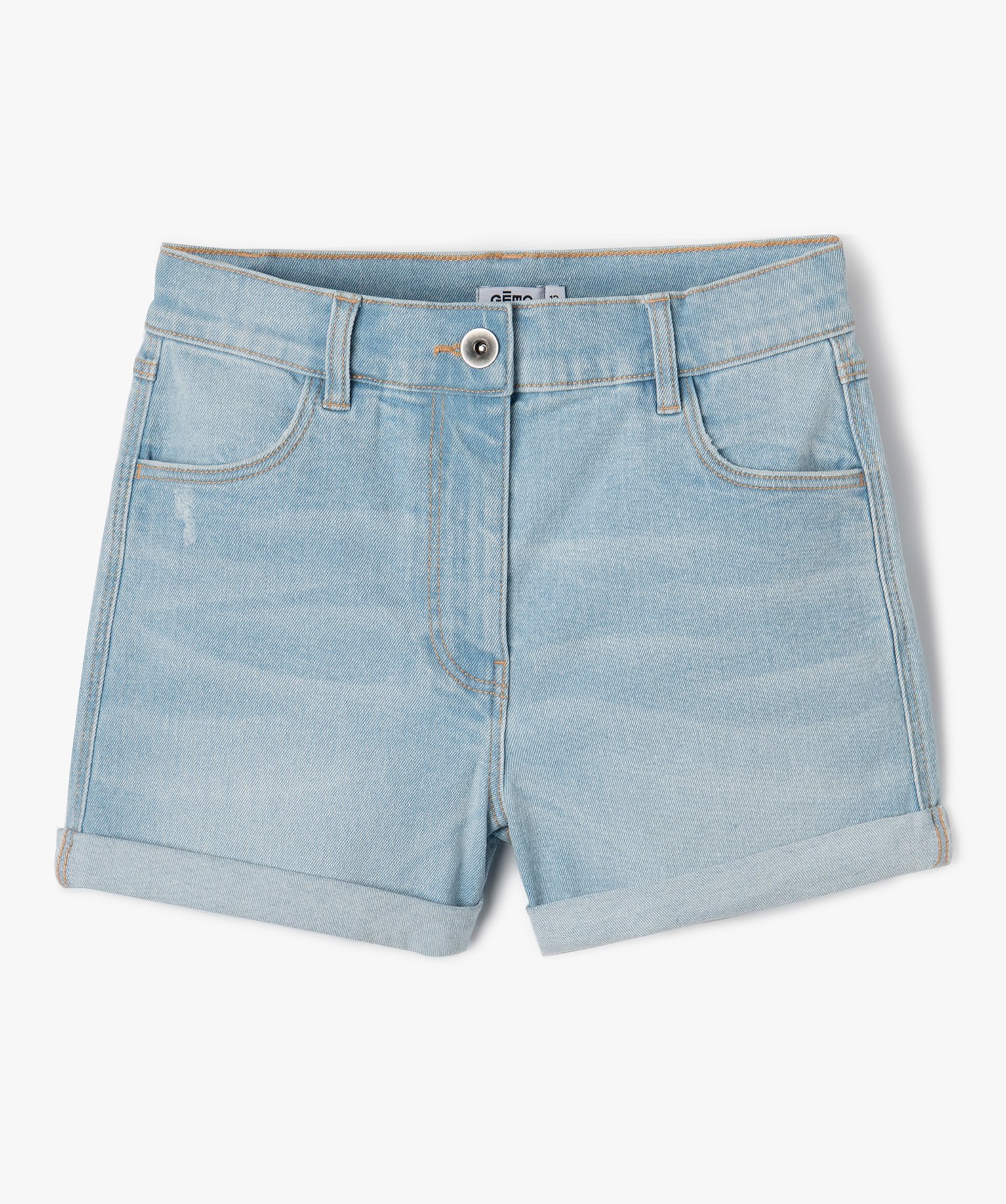 Short fille en jean avec revers cousus bleach | GEMO