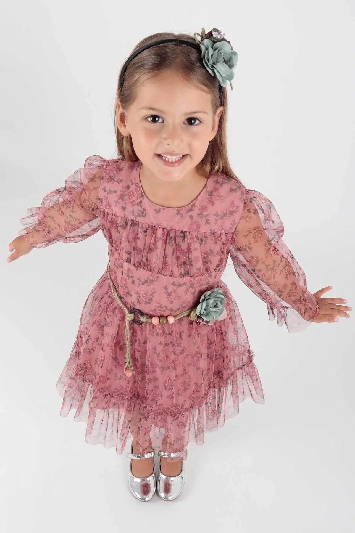 AHENGİM  Mädchenkleid mit Blumenmuster und gekröntem Gürtel Ak2202