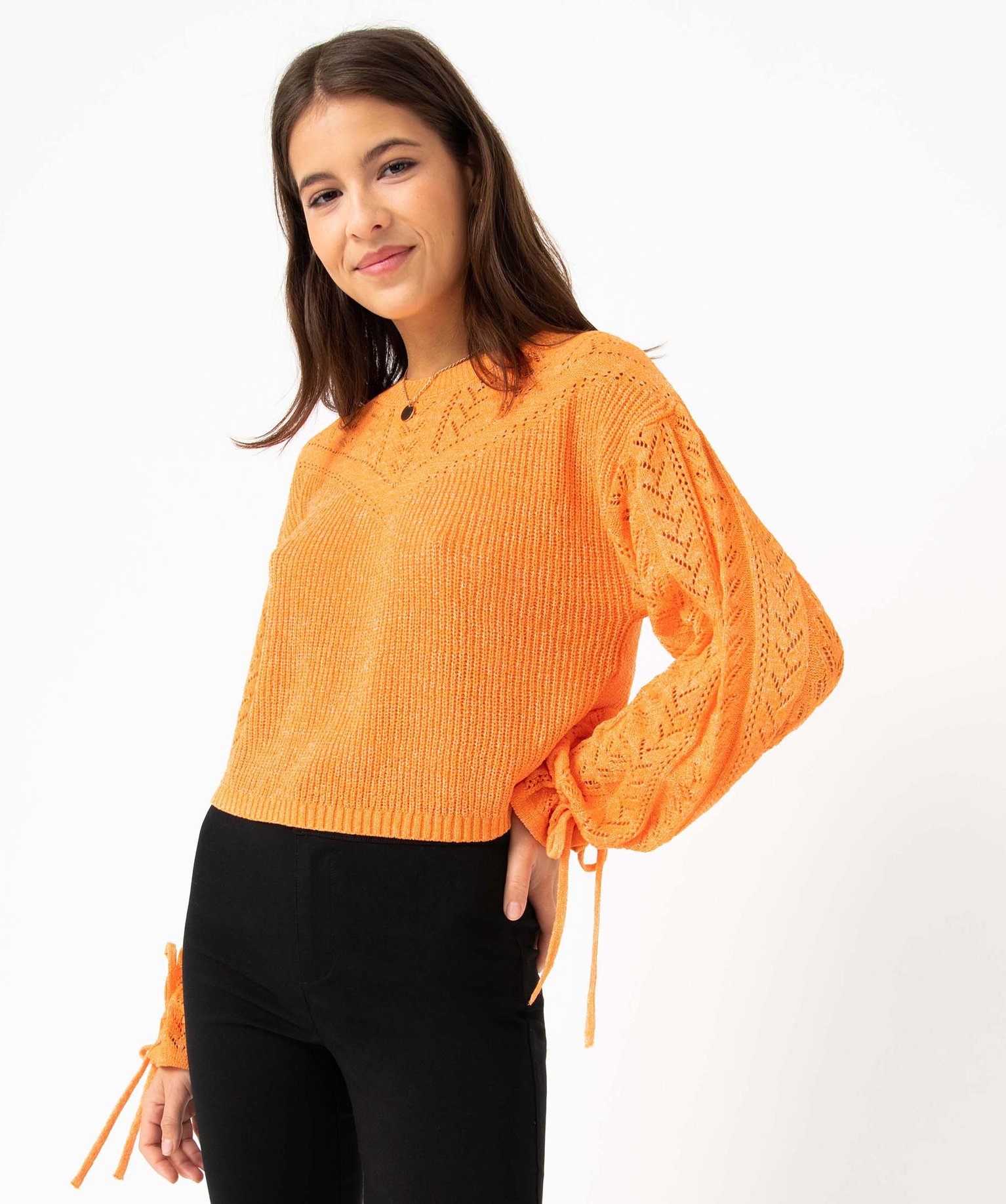 Pull femme coupe courte en maille ajourée orange | GEMO