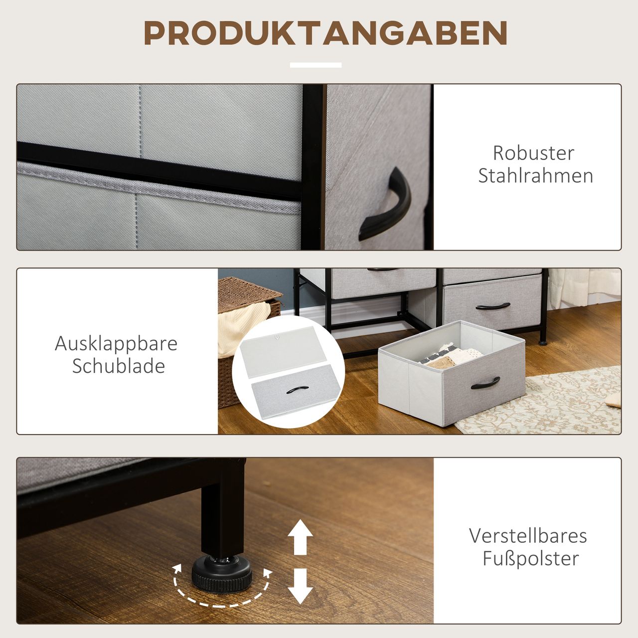 HOMCOM Kommode Schubladenschrank Sideboard mit 6 klappbaren Stoffschubladen Grau