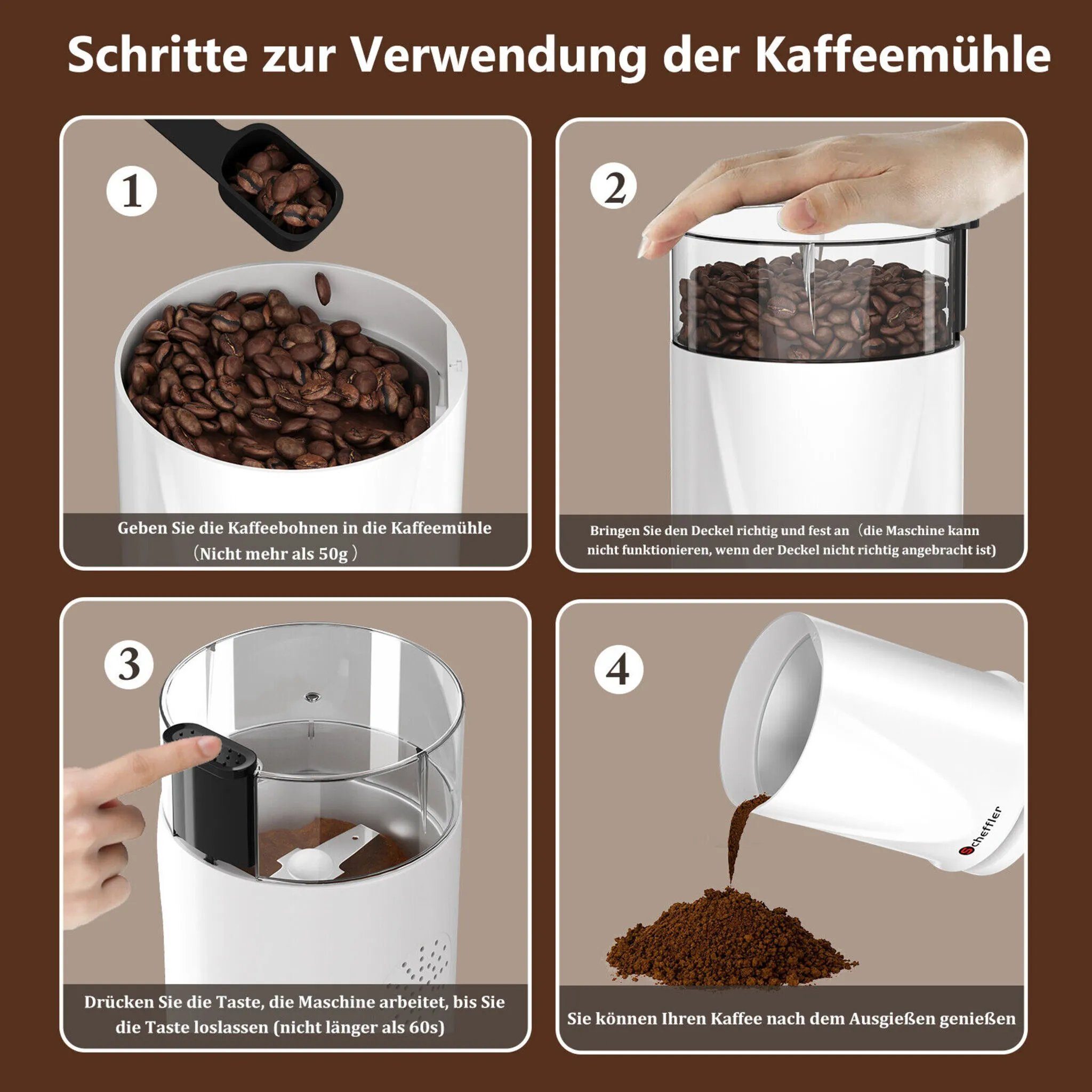 Scheffler Kaffeemühle 200W Elektrische Kaffeemühle mit 304 Edelstahlmesser, 200,00 W, Schlagmesser, 50,00 g Bohnenbehälter, 50g Kapazität