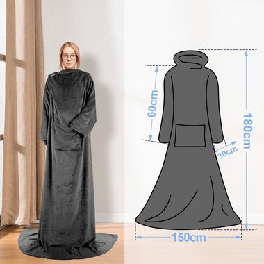 Wohndecke Decke mit Ärmeln TV Kuscheldecke aus weichem Flanell 150x180cm Grau, Lospitch