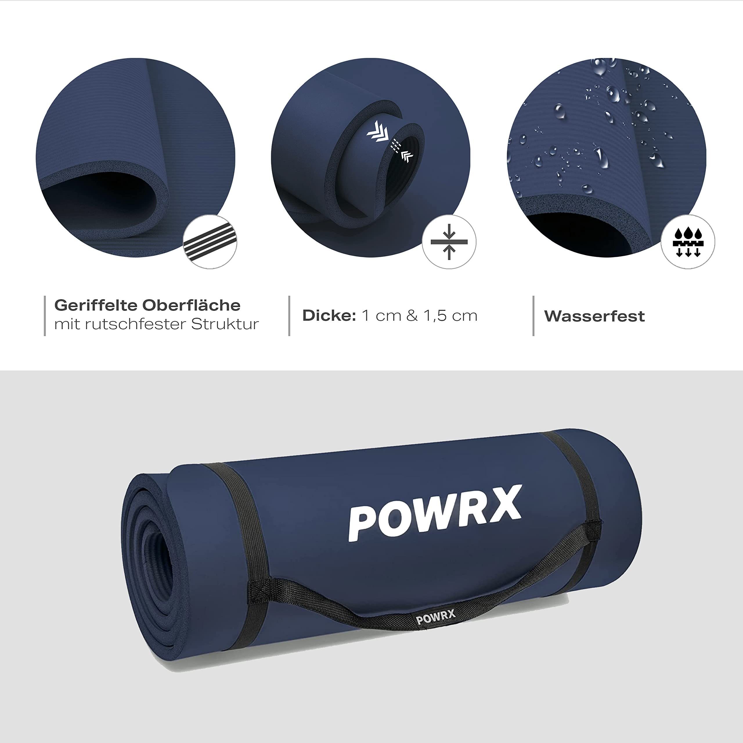 POWRX Yogamatte Gymnastikmatte Yogamatte (Navy, 190x60cm) + Tragegurt + Tasche., Navy 190 X 60 X 1 Cm