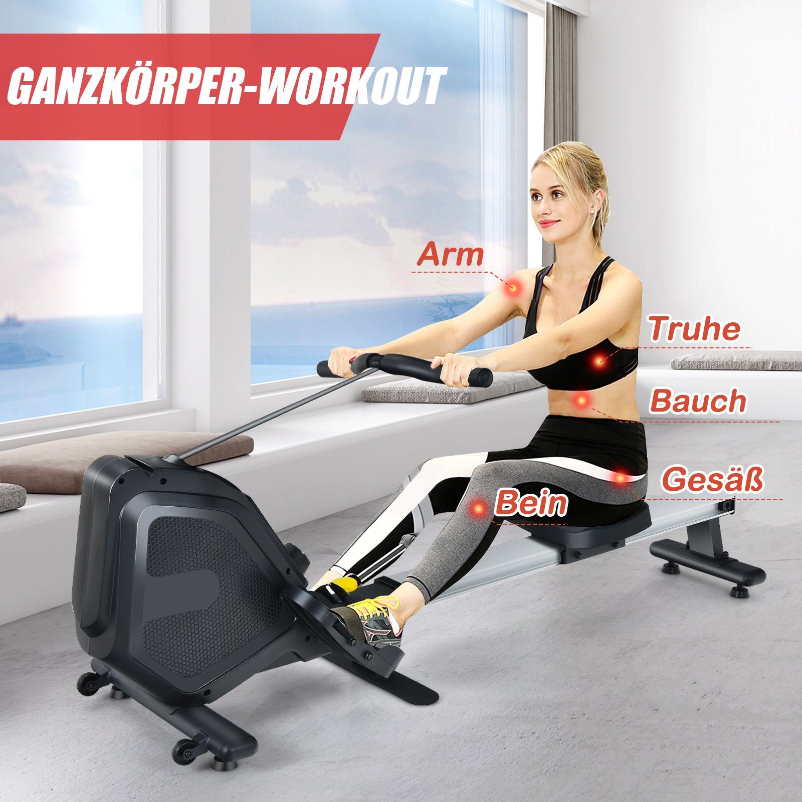 COSTWAY Rudergerät Rudermaschine, mit LCD, 8-stufig einstellbarer Widerstand, klappbar