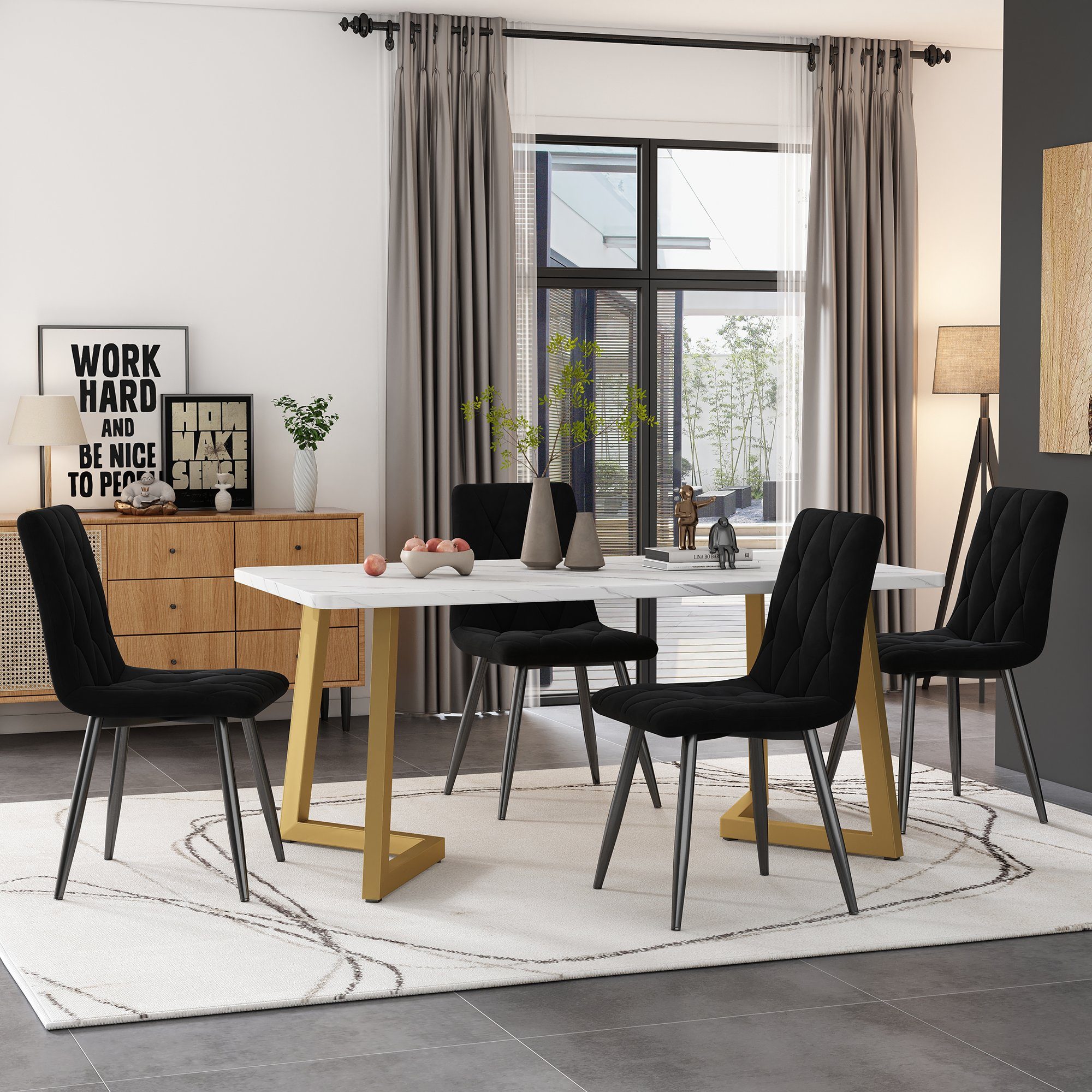 OKWISH Essgruppe Küchentisch Set Esszimmerstuhl Samt Küchenstuhl 117cm, Esstisch 117*68*75cm mit 4er Set Samt Esszimmerstuhl
