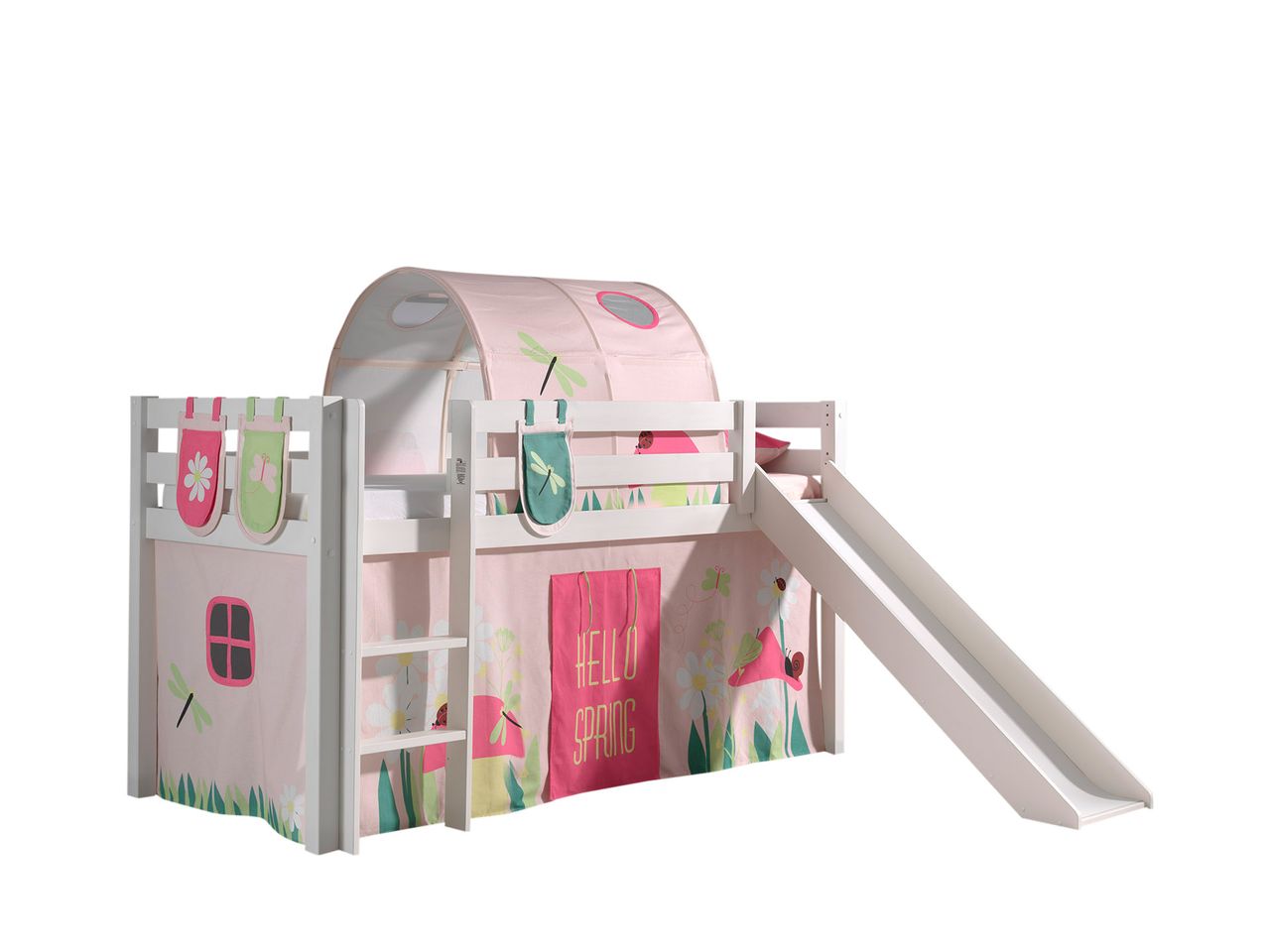 VIPACK Spielbett Pino inkl. Rutsche mit Textilset Vorhang, Tunnel und 3 Taschen 