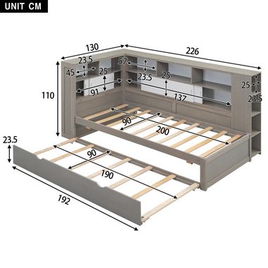 Flieks Massivholzbett, Holzbett 90x200cm mit Ladeanschluss/ Stauraum/ Ausziehbett 90x190cm