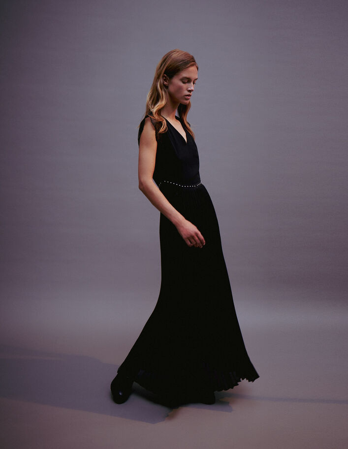 Robe longue noire plissée recyclée Femme