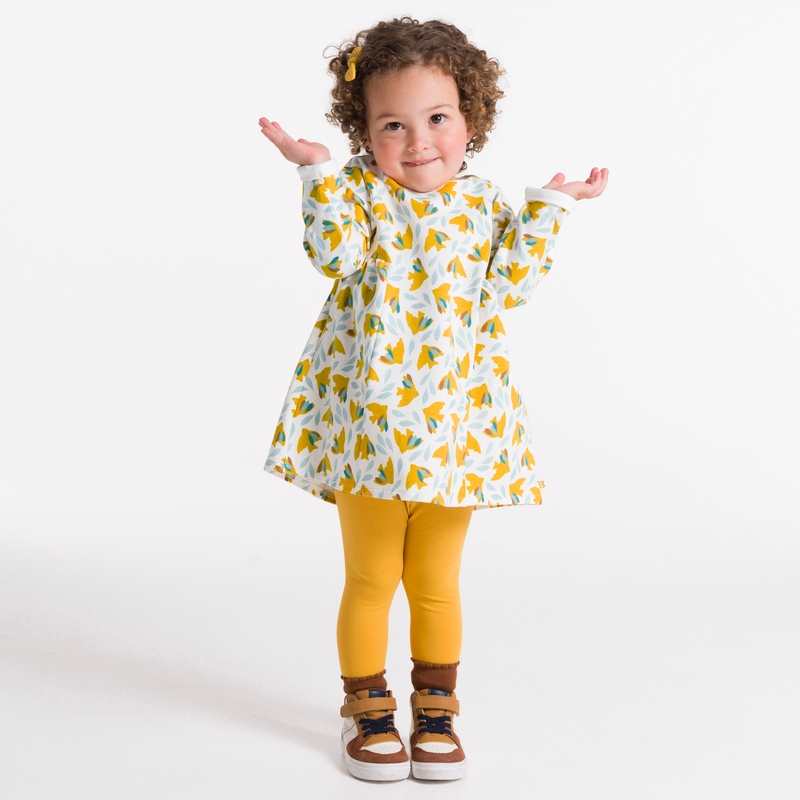 Robe oiseaux molleton léger et legging jaune bébé fille