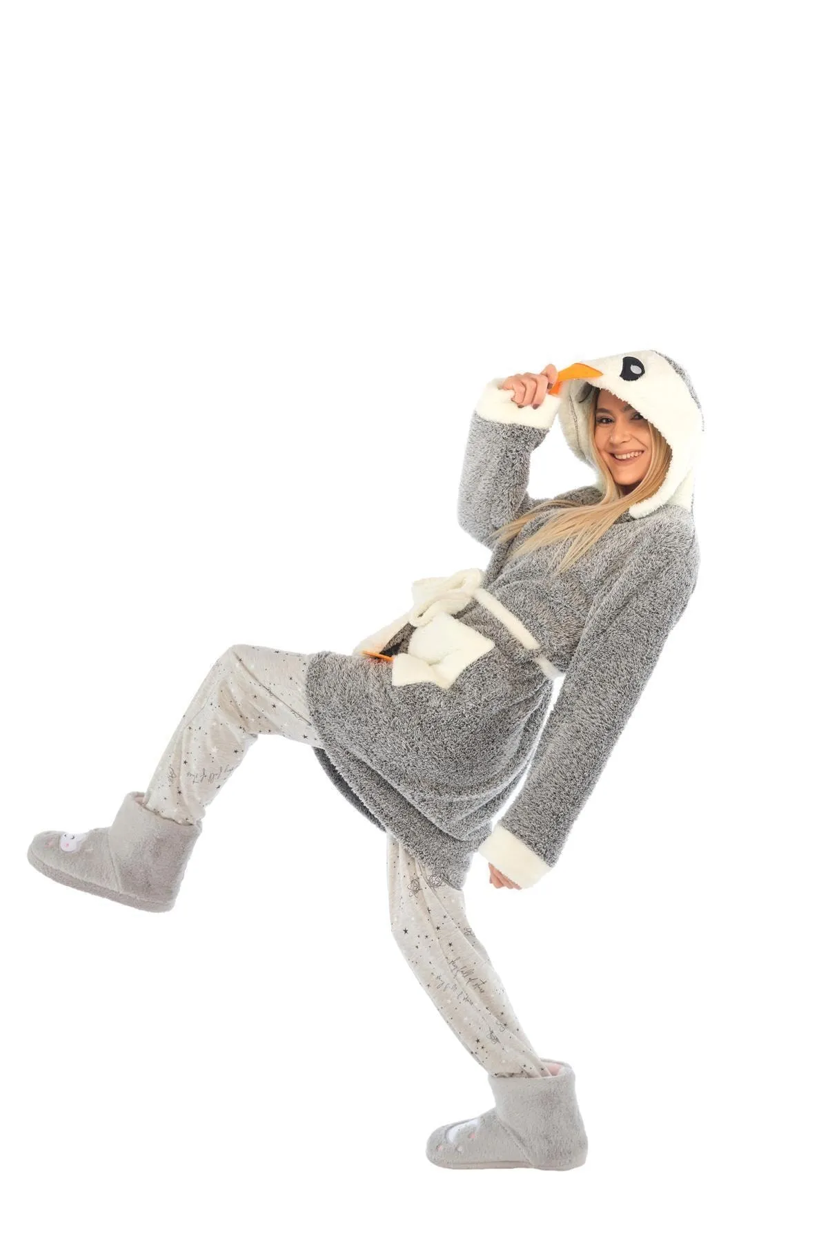 Znp Home  Grauer Wellsoft-Plüsch-Bademantel für Damen mit Pinguin-Stickerei und Kapuze