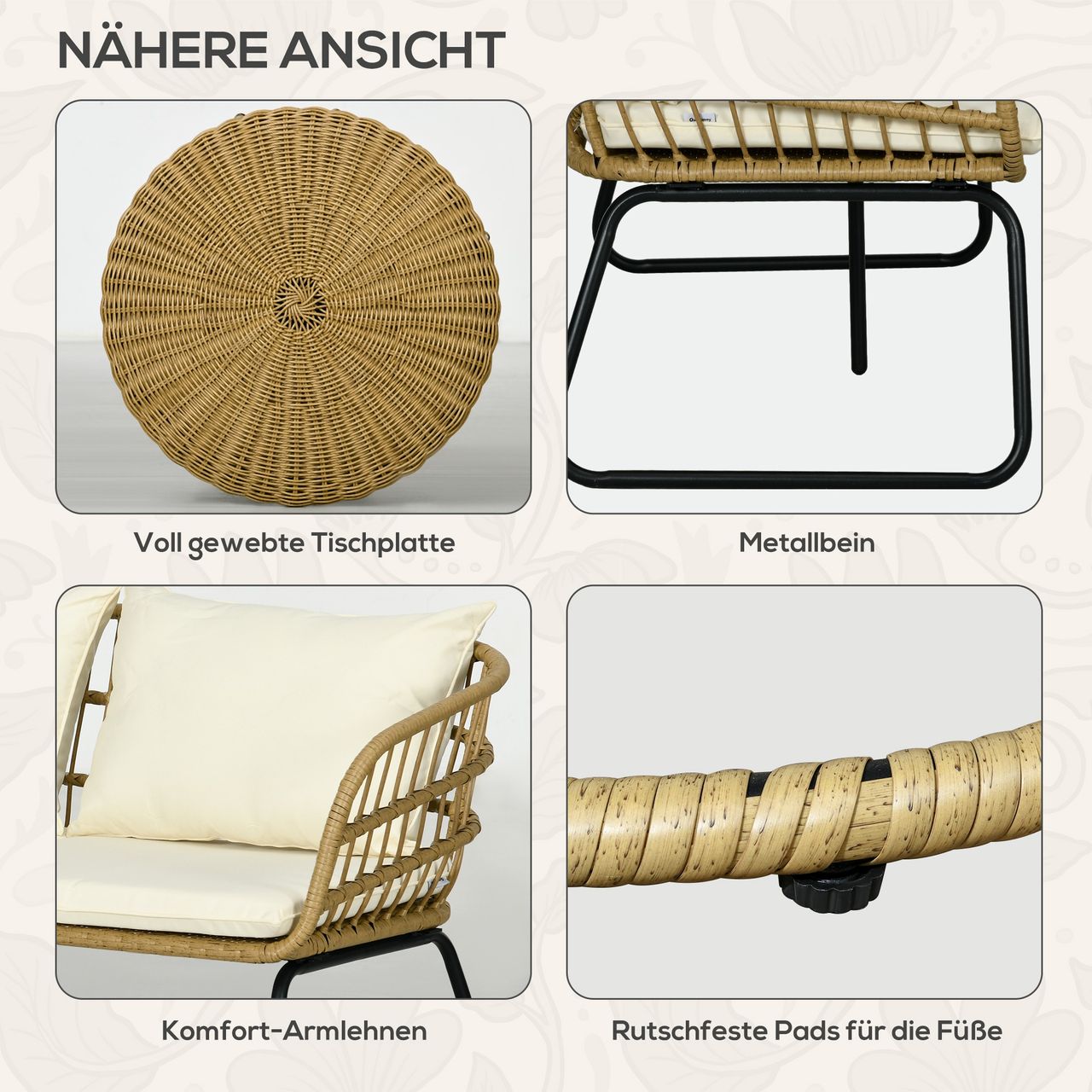 Outsunny 5 tlg. Rattan Gartenmöbel-Set, Gartengarnitur Sitzgruppe mit Kissen
