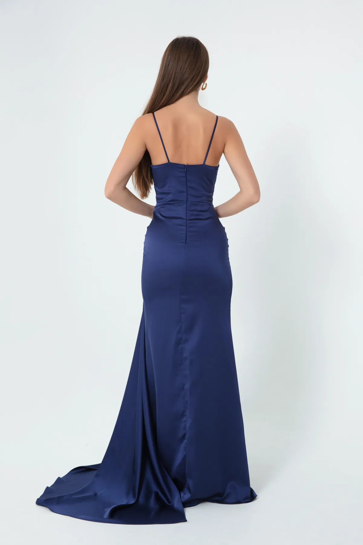 Lafaba  Marineblaues langes Satin-Abendkleid und Abschlusskleid mit Trägern für Damen