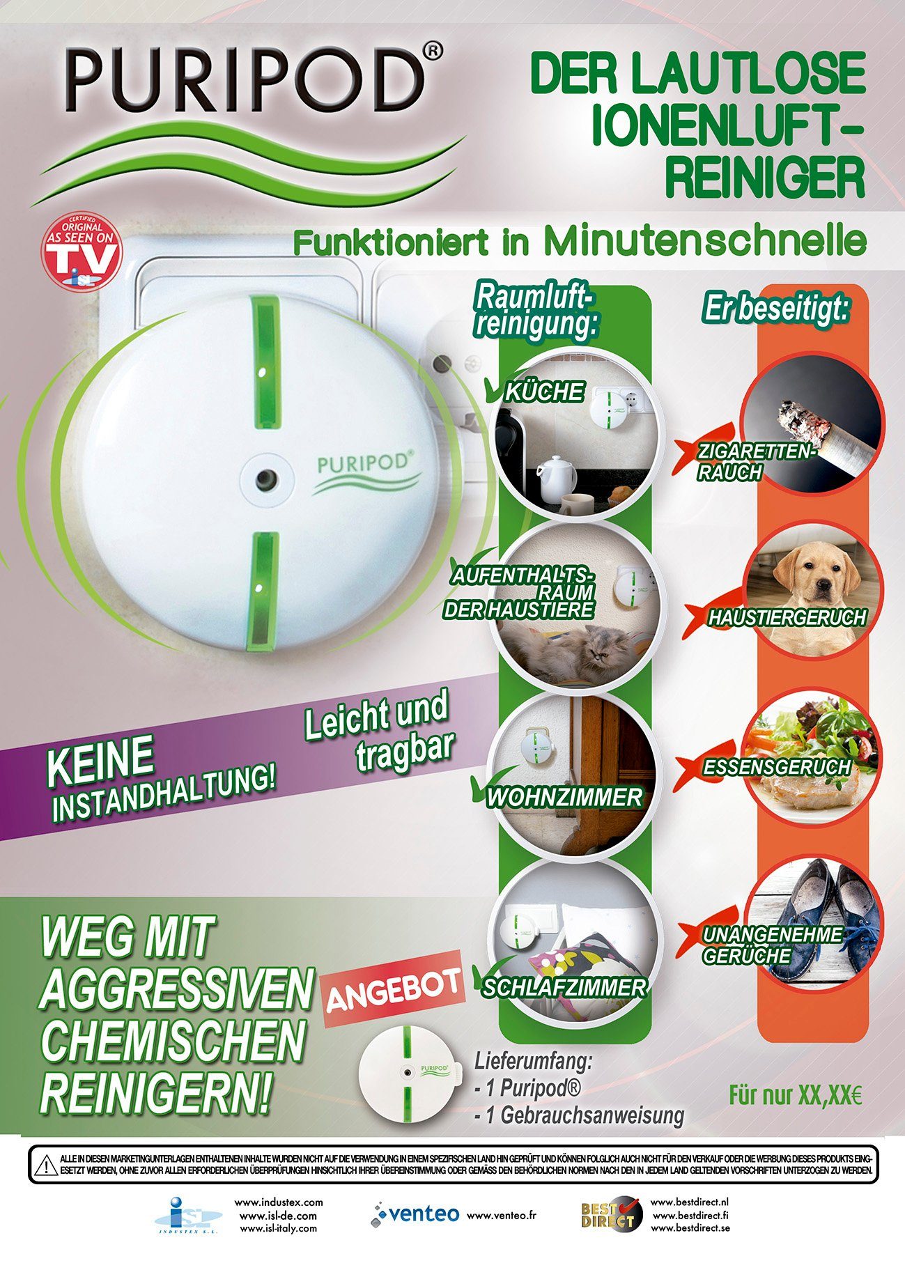 Best Direct® Luftreiniger PURIPOD® lautloser Ionen Luftreiniger, für 10 m² Räume, Keine Instandhaltung! Hilft gegen Haustiergeruch und Zigarettengeruch