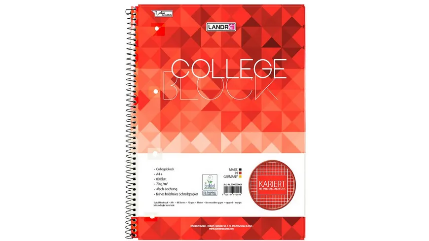 Collegeblock A4 80Blatt Lineatur 28 kariert 4fach gelocht