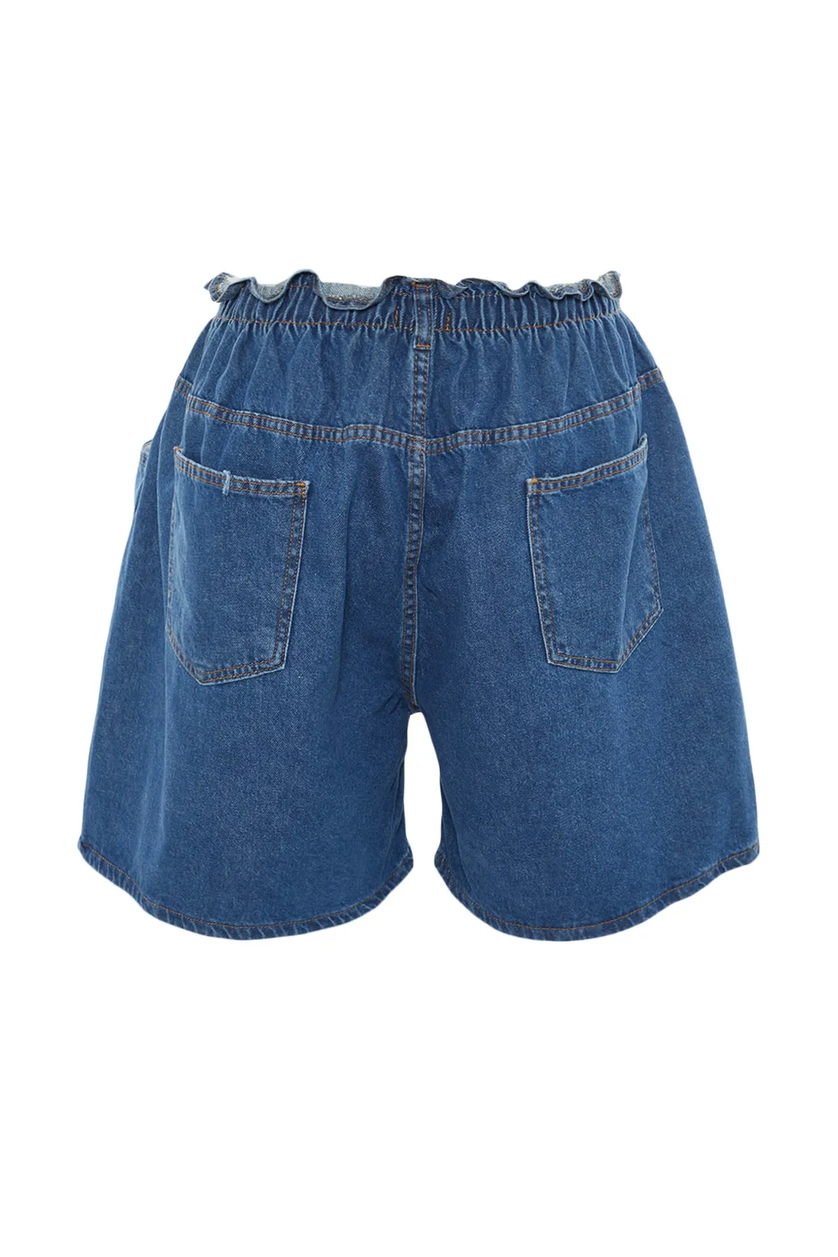 Trendyol Curve  Blaue Denim-Shorts mit hoher Taille, elastischem Bund und Knöpfen vorne und weitem Schnitt TBBSS22JE00015