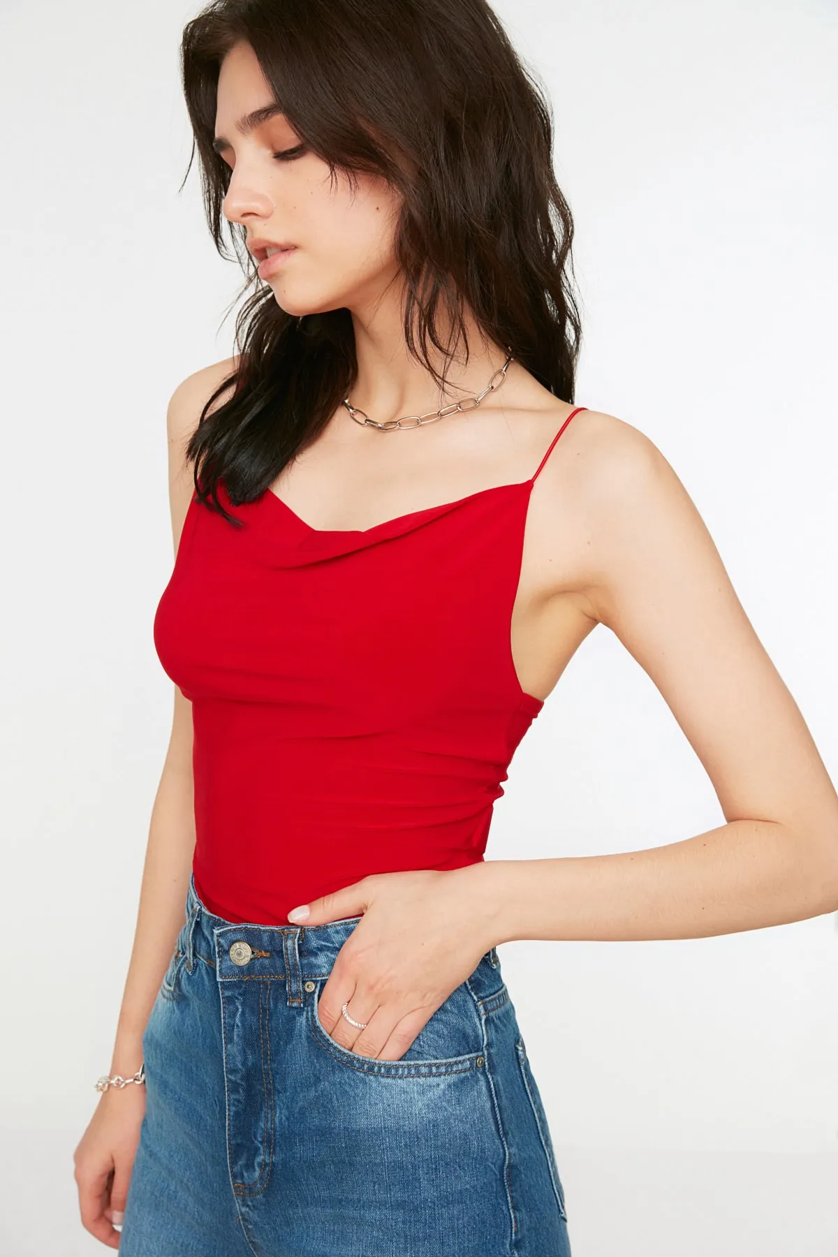 Trendyol Collection  Rote, dehnbare Strickbluse mit tailliertem Kragen TWOSS21BZ0667