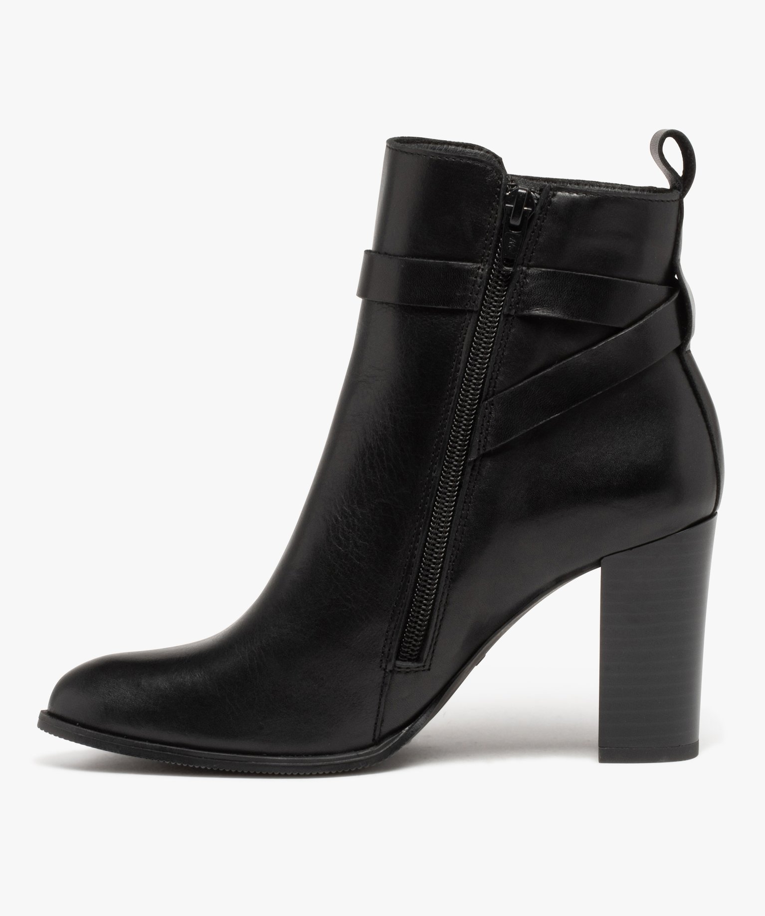 Boots femme en cuir uni à talon haut et brides fantaisie - ... noir | GEMO