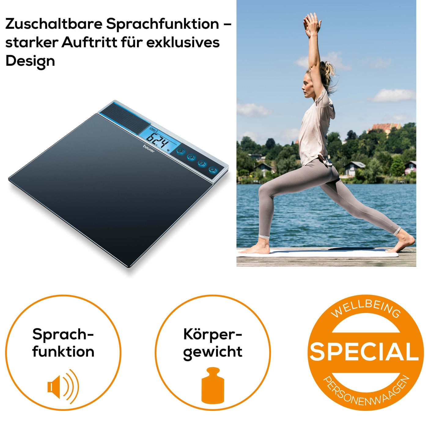 Beurer Glaswaage GS 39-Personenwaage aus Glas mit Sprachfunktion in 5 Sprachen - bis 150 kg