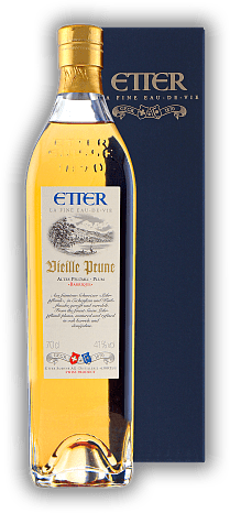 Etter Vieille Prune (Alte Pflaume) Barrique Etter Vieille Prune (Alte Pflaume) Barrique Etter Vieille Prune (Alte Pflaume) ist eine wunderbare, zarte Pflümli-Spezialität aus kleinen Schweizer Löhrpflaumen. 0,7	 Liter - Vol 41%