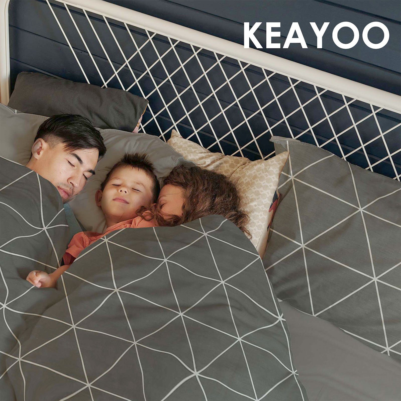 Bettwäsche Geometrisches Linienmuster, KEAYOO, Baumwolle, 2 teilig, 100% Baumwolle Bettwäsche mit Reißverschluss Dunkelgrau