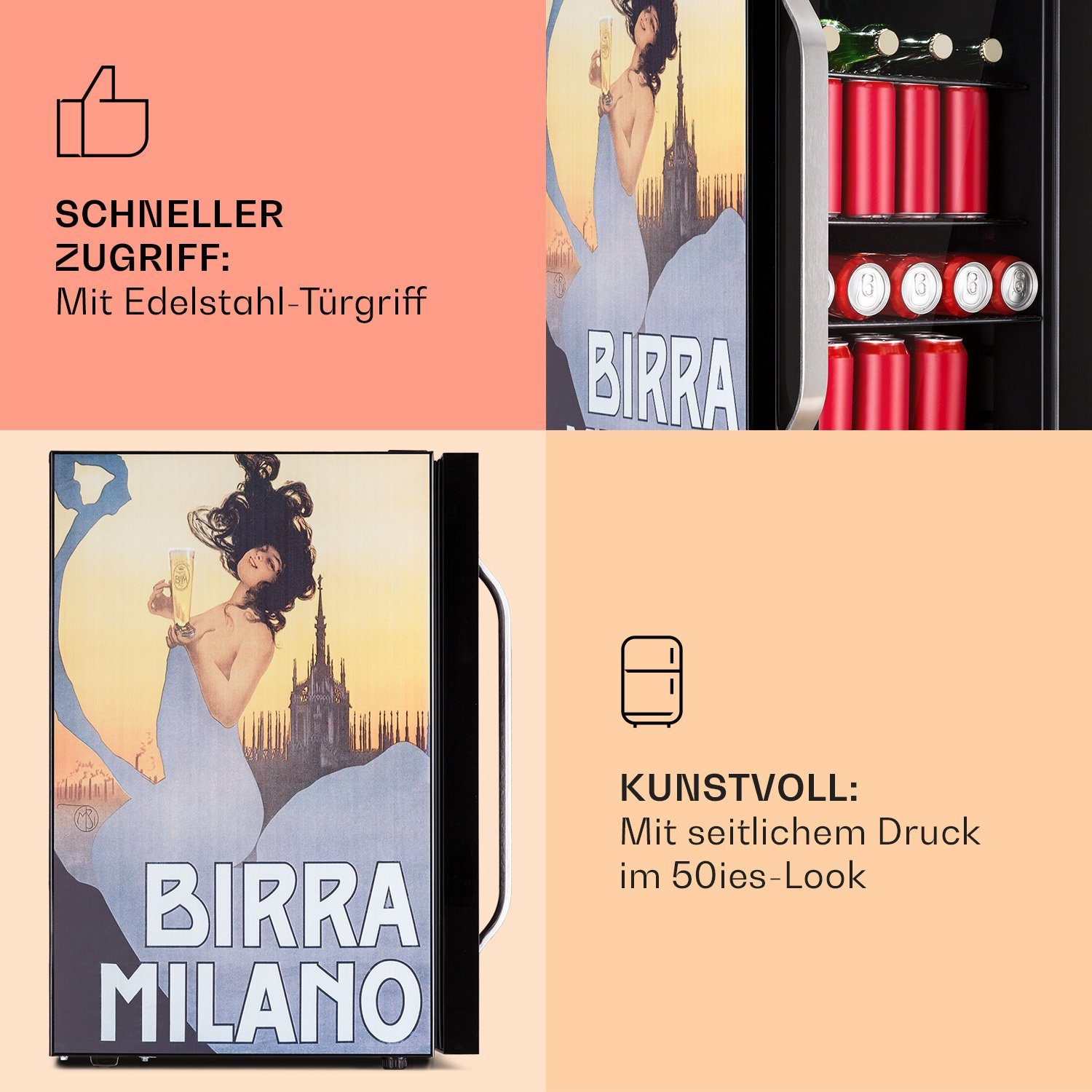 Klarstein Getränkekühlschrank HEA13-Birra-Milan-OX 10041180, 67 cm hoch, 43 cm breit, Bierkühlschrank Getränkekühlschrank Flaschenkühlschrank mit Glastür