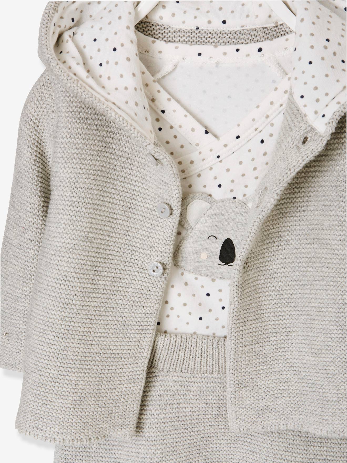 Ensemble naissance 3 pièces point mousse gris clair