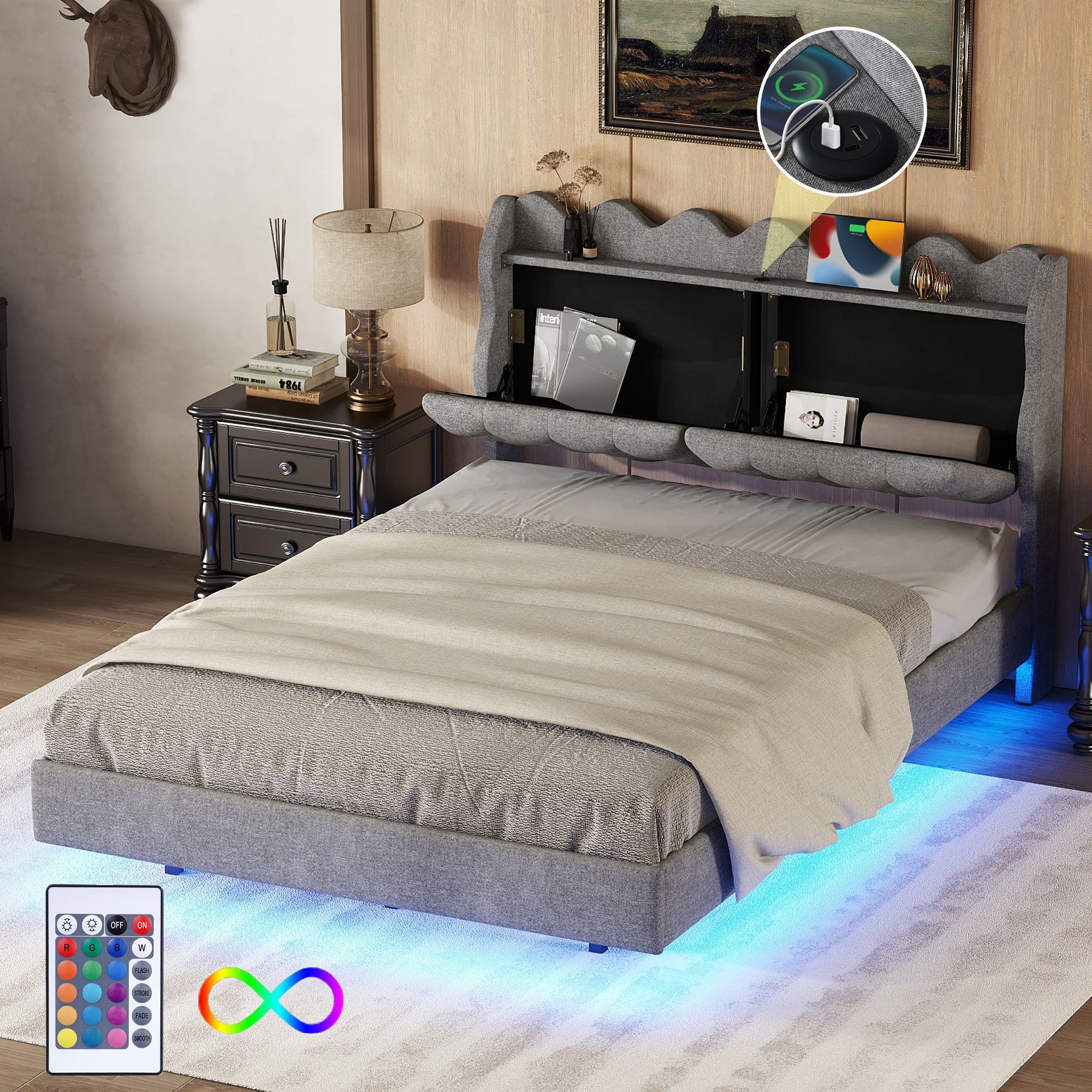 Flieks Polsterbett, LED Doppelbett 140x200cm mit Stauraumfach und Ladeanschluss Leinen