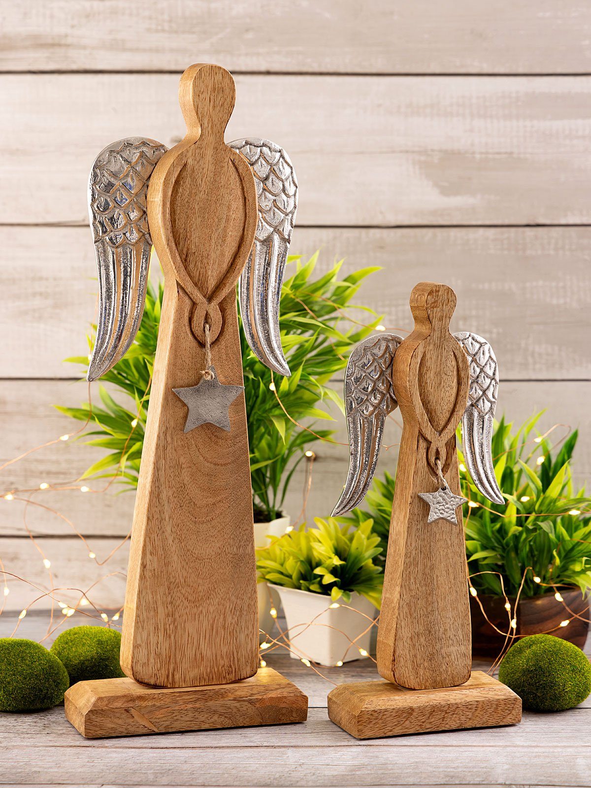 Casamia Dekofigur Dekofigur Engel 2er Set 12/16x32/47cm Weihnachten Mangoholz Aluminium