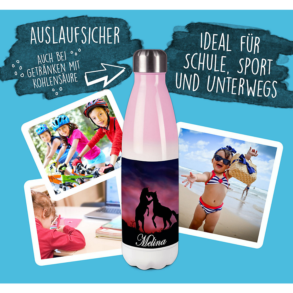 Edelstahl Kinder Thermoflasche / Trinkflasche bunt Pferde Spülmaschinenfest, Auslaufsicher, Bruchfest, Doppelwandig, Für Heißgetränke geeignet, Mit Deckel, Isoliert