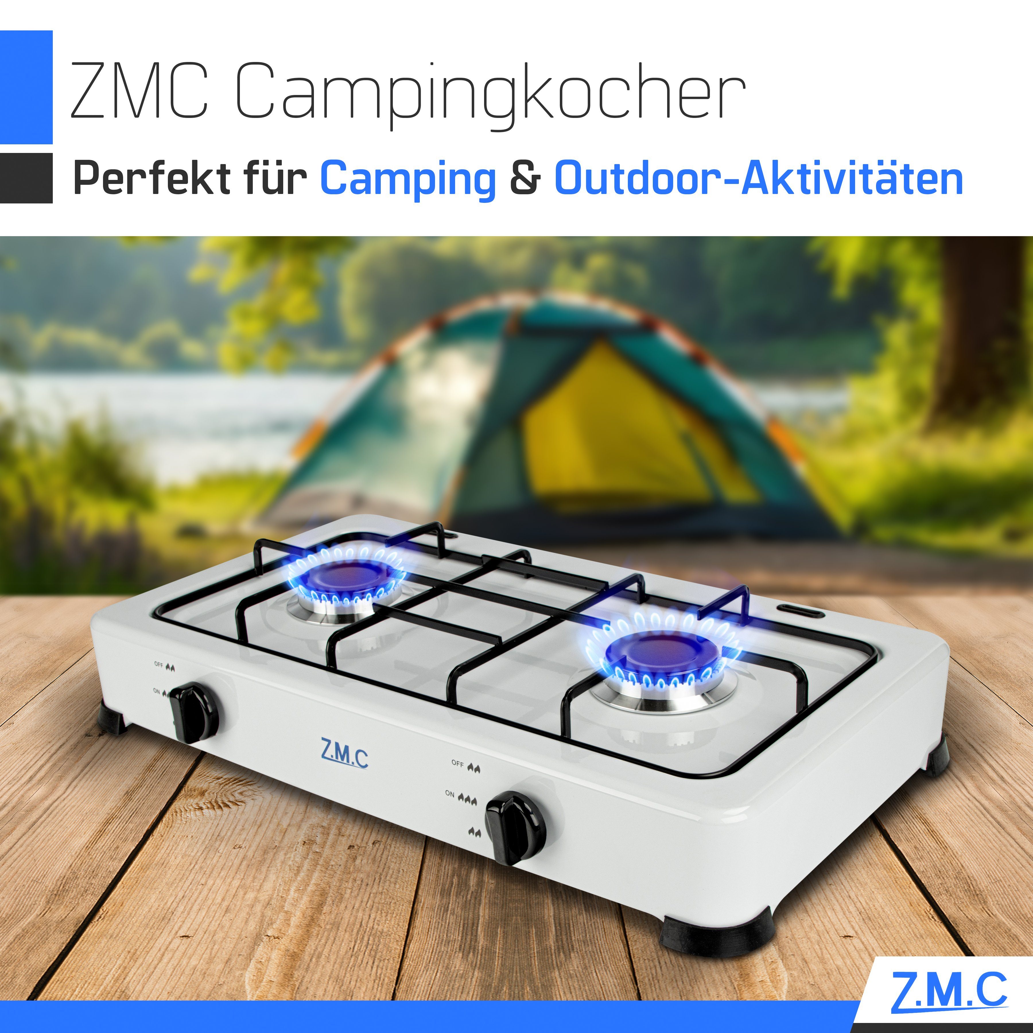ZMC Gaskocher Tragbarer Gaskocher Campingkocher 2-flammig inkl. Schlauch und Regler, 2,2 kW 50 mBar Outdoor Gasherd Kochfeld Herd Propangas Tischkocher