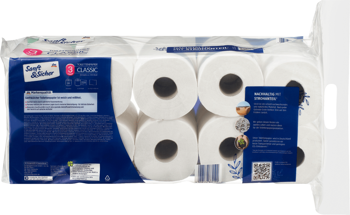 Toilettenpapier Stroh Classic XXL 3-lagig (20x220 Blatt), 20 St